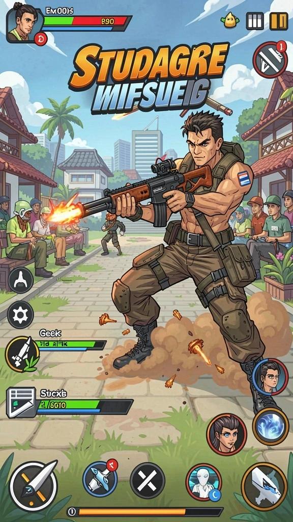 Screenshot menunjukkan karakter utama siap bertarung di arena.